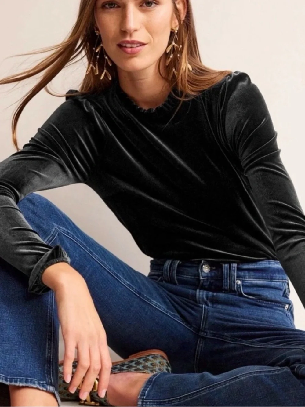 Boden Velvet Frill Trim Long Sleeve Top Black Women’s Size 8